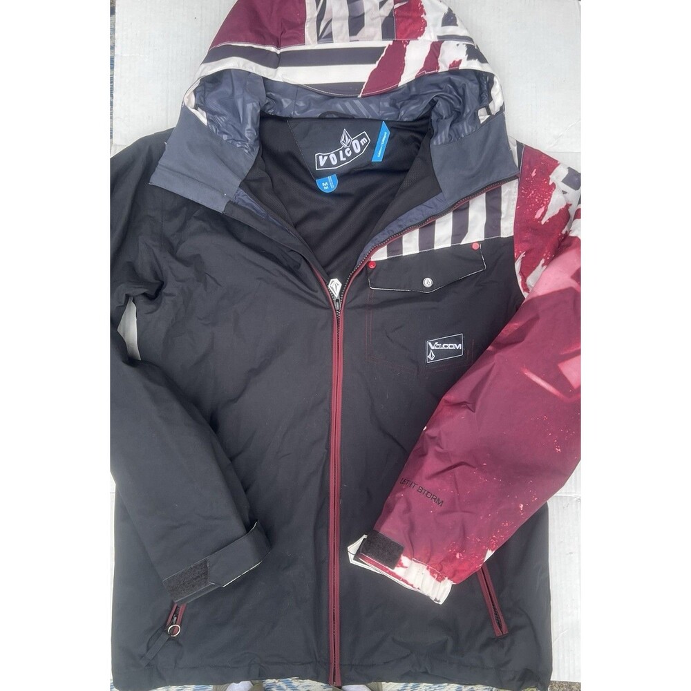 Y2K Volcom Construct Snowboard Jacket Men M Black Red 5K Hooded Ski Snow Coat